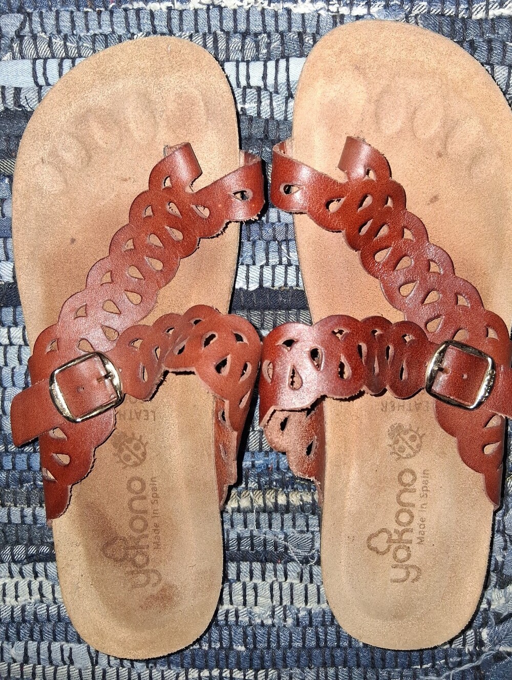 Women's Brown YOKONO Leather Cutout Buckle Sandals made In SPAIN.